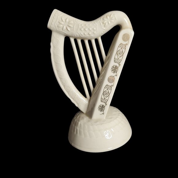 Donegal China Irish Parian Harp Figurine - White with Gold Celtic Decoration - Picture 1 of 5